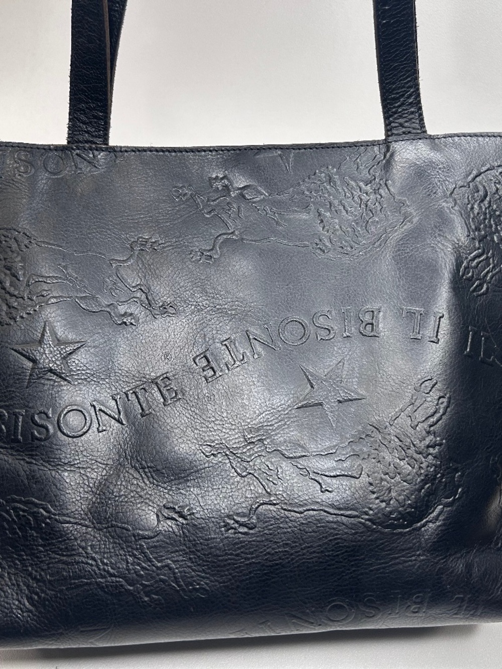 IL BISONTE Tote Bag Shoulder Bag Black Leather RARE Embossed